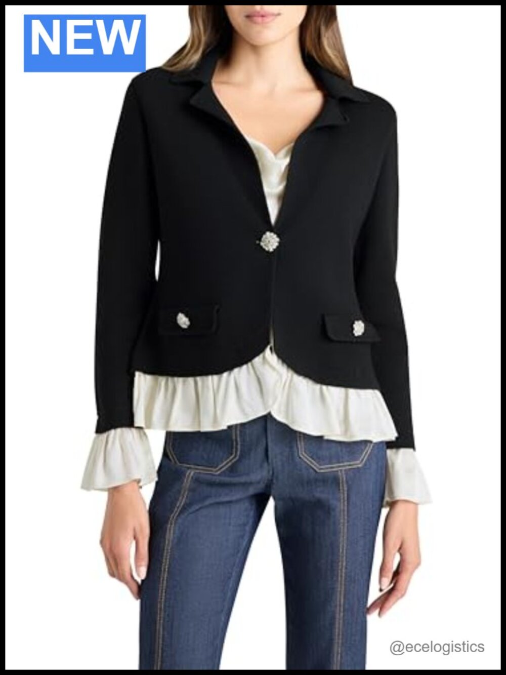 Womens Wool Blend Rhinestone Button Long Sleeve Jacket